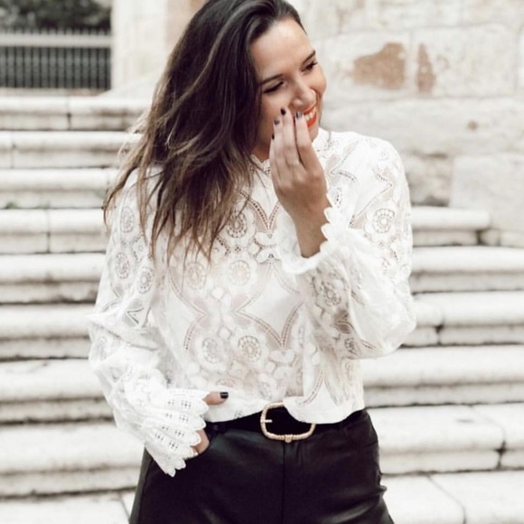 Long Sleeve High Neck Lace Blouse White Boho Chic - Picture 10 of 16
